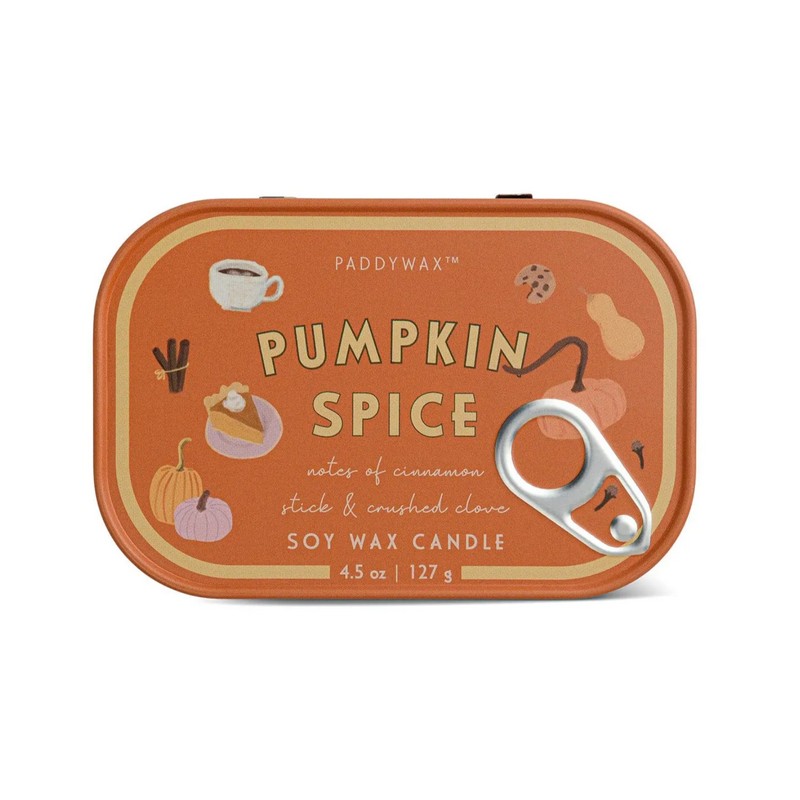 Candela profumata al pumpkin spice con note di cannella e chiodi di garofano in latta vintage, realizzata in cera di soia con due stoppini, perfetta come candela particolare da regalare